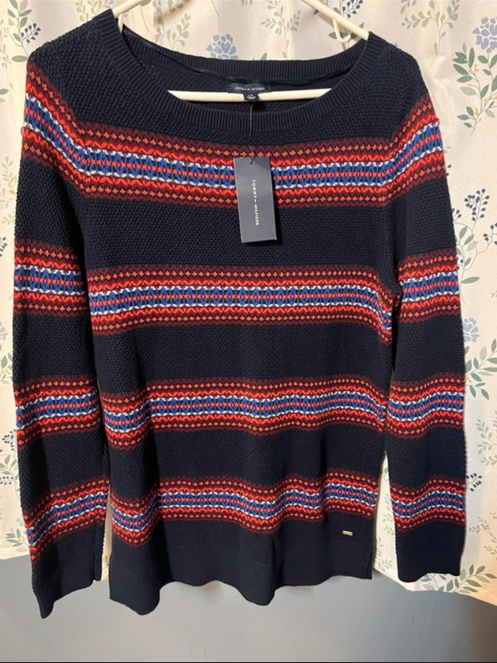 Tommy Hilfiger Navy Sweater with Red and Blue Stripes - Women's